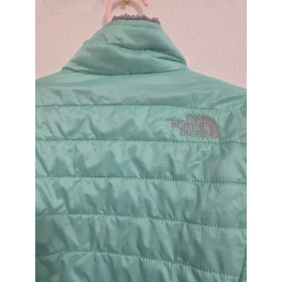 The North Face Girls Reversible Puffer Jacket Aqua Gray Fleece Kids Size 7/8 - Picture 6 of 6